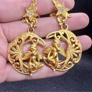 Kirks Folly Gold Plated AB Rhinestones Cherubs Angels Crystal Clip On‎ Earrings